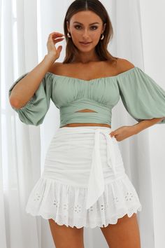 Shop the Linka Off-Shoulder Half Sleeve Tie-Back Crop Top Pistachio | Selfie Leslie Chic Green Puff Sleeve Fitted Top, Chic Green Fitted Puff Sleeve Top, Chic Fitted Green Puff Sleeve Top, Summer Off-shoulder Ruched Blouse, Summer Ruched Off-shoulder Crop Top, Fitted Off-shoulder Tube Top For Brunch, Summer Cropped Ruched Puff Sleeve Top, Ruched Cropped Puff Sleeve Top For Summer, Chic Off-shoulder Crop Top For Brunch