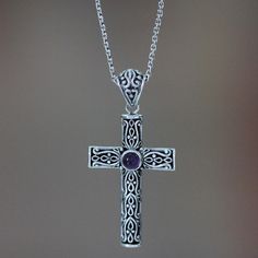 Sterling tendrils caress a graceful cross with Balinese beauty. Crafted by hand this necklace by Yuniati makes a beautiful statement of faith. In the center is an amethyst a stone of awareness and spirituality. .925 Sterling silver Statement Of Faith, Christian Cross Necklace, Necklace Christian, Sterling Silver Cross Necklace, Sterling Silver Cuff Bracelet, Silver Charm Bracelet, Cross Jewelry, Sterling Silver Cross, Women Artisans