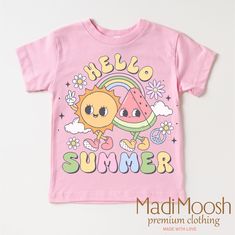 FREE SHIPPING ON ALL ORDERS $35 AND UP ** Welcome to Madi Moosh this is the sister store to Madi Moosh Boutique where we have sold over 80 thousand shirts and received over 13 thousand feedbacks. Our goal as always is to supply high quality kids and adult clothing for all occasions. About our process:   - All orders are made to order and printed using Direct To Garment printing technology. Unlike other garment decorating processes, this process allows for a super soft print that will last for years. The ink is eco and kid friendly.  - We carry several different brands, including Gerber Premium, Rabbit Skins, Bella Canvas, and Gildan. See our size charts n the listings.  - Washing instructions. We suggest washing all garments in cold water and dry on low heat.  - All orders are shipped usin Pink Cotton T-shirt For Summer, Cute Multicolor T-shirt For Vacation, Kawaii Summer Tops With Letter Print, Kawaii Letter Print Summer Tops, Kawaii T-shirt With Funny Print For Summer, Kawaii Letter Print Tops For Summer, Pink Kawaii T-shirt For Summer, Kawaii Pink Summer T-shirt, Fun Spring Shirt With Cartoon Print