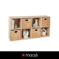 a wooden shelf with baskets and books on it