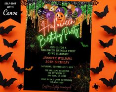 a birthday party with bats and balloons on an orange background for a halloween themed celebration