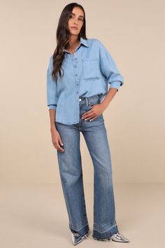 Get ready to fall in love with the Lulus Coveted Option Blue Chambray Long Sleeve Button-Up Top! Lightweight woven chambray shapes this essential top that has long sleeves with button cuffs and a collared neckline. A functional button placket accents the front, alongside a single patch pocket. Slightly rounded, hip-length hems complete the look. Fit: This garment fits true to size. Length: Size medium measures 26.5" from shoulder to hem. Bust: Great for any cup size. Waist: Not Fitted - comforta Chic Light Wash Tops With Pockets, Chic Light Wash Top With Pockets, Chic Washed Blue Tops With Pockets, Light Wash Tops With Buttoned Pockets And Relaxed Fit, Chic Medium Wash Tops With Pockets, Chic Medium Wash Top With Pockets, Light Wash Relaxed Fit Top With Buttoned Pockets, Relaxed Fit Light Wash Tops With Buttoned Pockets, Blue Button-up Denim Top With Button Cuffs