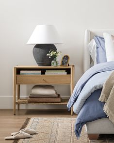 a bed room with a neatly made bed and a night stand on the side table