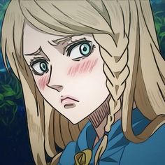 an anime character with long blonde hair and blue eyes looking at something in the distance