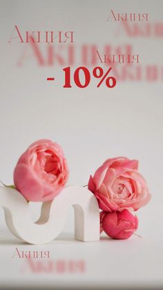 two pink roses sitting next to each other on top of a white sign that says 10 %