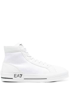 white/black logo patch to the side logo-print tongue round toe front lace-up fastening flatform sole Black Logo, Sneakers White, Emporio Armani, Womens Shoes Sneakers, High Top, Patch Logo, Lace Front, High Top Sneakers, High Tops