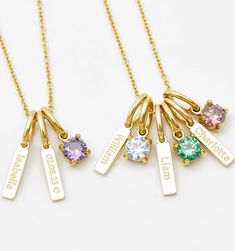 Everyday Yellow Gold Name Necklace With Birthstone, Dainty Personalized Gift Charm Necklaces, Dainty Birthstone Initial Pendant Necklace, Dainty May Birthstone Necklace With Charms, Adjustable Necklace With Removable Charms For Everyday, Personalized Birthstone Jewelry For May, Birthday Jewelry With Dangling Charms, Personalized May Birthstone Jewelry For Gifts, Dainty Charm Necklaces With Birthstone In Round Pendant