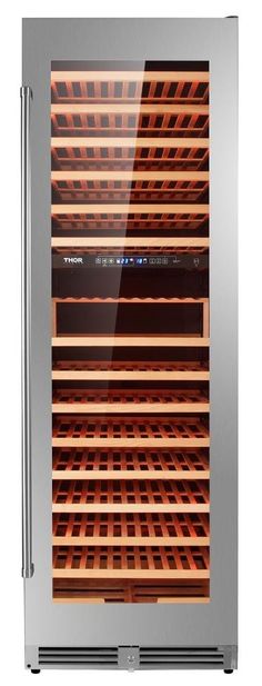 a stainless steel wine cooler with wooden shelves and glass doors on the front, open