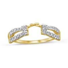 Give her bridal look an instant lift with this chic diamond wrap enhancer. Fashioned in 14K gold, this splendid choice showcases a pairs of diamonds that flank her solitaire. The split shank glistens with diamonds. Captivating with 1/3 ct. t.w. of diamonds and a brilliant buffed luster, this enhancer is the perfect fit to her unique style. Wedding Ring Enhancers, Solitaire Enhancer, Ring Enhancer, Diamond Anniversary Bands, Bridal Look, Split Shank, Anniversary Bands, Diamond Stone, Yellow Gold Rings