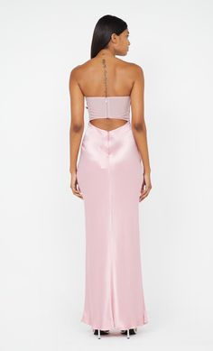 A statement eventwear style, the BEC + BRIDGE Halle Strapless Dress features gathered detailing on bust, chic cut-outs and a contrasting mesh back panel. The maxi dress is finished with a rolled hem. This garment is certified Australian made. Pink Satin Midi Dress For Gala, Chic Pink Midi Dress With Lined Bodice, Cocktail Backless Maxi Dress With Ruched Bodice, Backless Maxi Dress With Ruched Bodice For Cocktail, Pink Satin Backless Midi Dress, Feminine Floor-length Midi Dress For Prom, Pink Maxi Dress With Sweetheart Neckline For Gala, Pink Maxi Dress With Ruched Bodice, Pink Maxi Dress With Back Opening For Evening