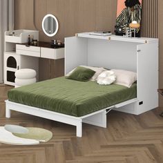 a bedroom with a bed, dresser and mirror on the wall next to wooden flooring