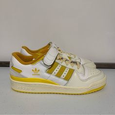 Adidas Originals Forum 84 Low Sneakers -Size 7 (8 Women’s) -Off White/Hazy Yellow -Leather And Textile Upper -Rubber Sole -Lace-Up And Strap Closure -Nwt -New Without Box Yellow Retro Sneakers With Boost Midsole, Yellow Adidas Lace-up Sneakers, Mustard Round Toe Sneakers For Streetwear, Yellow Leather Adidas Sneakers, Sporty Mustard Custom Sneakers For Streetwear, Yellow Leather Skate Shoes With Laces, Yellow Sneakers With Round Toe And Laces, Yellow Sneakers With Laces And Round Toe, Mustard Low-top Custom Sneakers For Streetwear