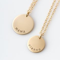 "This sweet little matching necklace set for you and your little one is a perfect gift for mom, grandma, nana, auntie. Offered in quality 14k gold fill, sterling silver, and rose gold fill. HOW - TO - ORDER 1. Select your options from the drop down menu see photo for font styles and symbol options 2. Chain length options are 16\", 18\" & 20\". For additional chain lengths a ½\", 1\", 2\" or 3\" extender chain can be purchased here: https://etsy.me/38hVeVS 3. Add to cart (repeat for multiple Everyday Mother's Day Charm Necklace With Round Disc, Everyday Round Disc Charm Necklace For Mother's Day, Hand Stamped Round Pendant Charm Necklaces For Mother's Day, Handmade Charm Necklaces For Birthday And Mother's Day, Hand Stamped Round Pendant Charm Necklace For Mother's Day, Dainty Hand Stamped Necklace For Mom, Dainty Charm Necklace For Mother's Day Personalized Gift, Handmade Mother's Day Charm Necklace With Round Pendant, Nickel Free Necklaces For Mother's Day