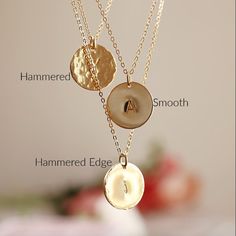 You can have this delicate gold initial disc necklace in Sterling Silver, Gold Filled or Rose Gold Filled. Personalized hand stamped gold filled or silver circle necklace is a perfect everyday necklace and great for layering with longer chains or a sweet gift for moms, sisters or friends. A personalized gift for bridesmaids, a souvenir for lifetime from the bride. *** 14k gold filled or sterling silver disc.*** Initials stamped by hand.*** Satin finish, hammered or hammered edge.***Chain is 16" Initial Disc Necklace, Gold Disc Necklace, Gold Coin Necklace, Gold Disc, Silver Circle, Everyday Necklace, Gold Initial, Mom Necklace, Disc Necklace