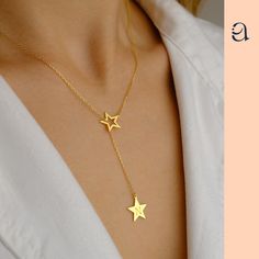 "14k Gold Personalized Minimal Initial Star Lariat Necklace *  Handmade Lariat Jewelry * Customized Dainty Y Necklace * Initial Drop Necklace * Gold Valentines Gift * Gift for Her  * Star Drop Initial Necklace * Gift for Wife * Personalized Gifts * Custom Name Gifts * Necklace for Women * Bridesmaid Jewelry * Minimalist Necklace * Celestial Jewelry ✿ The delicate stars harmonize in a simple yet meaningful dance, embodying unique connections and moments. It is an ideal gift for birthdays, anniversaries, or to express genuine emotions.  The hanging piece can be personalized with an initial of a loved one at no cost. Choose from our font options and add your personalization to the necessary field.  ✿ Designs that quietly speak of love and connection are available in rose, white, and yellow go Gift Lariat Necklace With Star Charm, Lariat Necklaces With Star Charm For Gift, Lariat Necklace With Star Charm For Gift, Star-shaped Lariat Necklace With Adjustable Chain As Gift, Elegant Star Lariat Necklace Gift, Elegant Star-shaped Lariat Necklace Gift, Gold Lariat Necklace With Star Charm, Elegant Star-shaped Lariat Necklace, Drop Necklace Gold