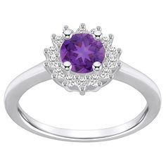 Featuring a round-cut amethyst center stone wrapped in a crown of scintillating diamonds, this 14k white gold Alyson Layne ring accents your look beautifully. Featuring a round-cut amethyst center stone wrapped in a crown of scintillating diamonds, this 14k white gold Alyson Layne ring accents your look beautifully.  Metal: 14k white gold Packaging: boxed Plating: rhodium Width: 7/16 in. Finish: polishedSTONE DETAILS Stone type: amethyst Total weight: 1 ct. Center stone weight: 3/4 ct. Center st Luxury Amethyst Ring With Center Stone, Luxury Round Amethyst Ring With Center Stone, Formal Birthstone Ring With Halo And Round Cut, Elegant Purple Birthstone Ring With Round Cut, Elegant Purple Round Cut Birthstone Ring, Classic Purple Diamond Ring With Halo Setting, Formal Amethyst Ring With Halo Setting And Cubic Zirconia, Purple Diamond Ring With Halo Setting And Round Cut, Formal Purple Birthstone Ring With Halo Setting