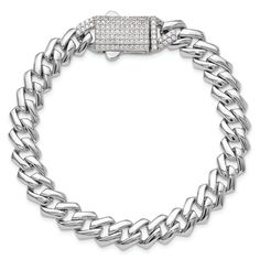 Rhodium over sterling silver Monaco link chain bracelet with cubic zirconia stones and polished finish. Measures approximately 7 1/2"L x 5/16"W. Completes with box catch clasp. Silver Diamond Chain Bracelet With Pave Setting, Formal Silver Chain Bracelet With Pave Setting, Silver Chain Bracelet With Pave Setting, Luxury Silver Chain Bracelet With Pave Setting, Silver Link Diamond Bracelet, Luxury Sterling Silver Chain Bracelet With Diamond Accents, Silver Link Diamond Bracelet Fine Jewelry, Fine Jewelry Silver Diamond Link Bracelet, Silver Diamond Chain Bracelets