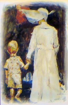 a painting of a woman and child holding hands