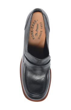 A squared-off moc toe and loafer-inspired topline distinguish a leather pump set on a cushioned footbed and stacked block heel. 3" heel Cushioned footbed Leather upper/textile lining/rubber sole Imported Classic Slip-on Loafers With Sculpted Heel, Business Loafers With Stacked Heel And Square Toe, Square Toe Loafers With Reinforced Heel For Work, Modern Loafers With Reinforced Heel For Work, Almond Toe Oxfords With Leather Lining For Work, Modern Workwear Loafers With Reinforced Heel, Modern Moc Toe Slip-ons For Work, Slip-on Leather Heels For Business Casual, Slip-on Square Toe Calf Leather Loafers