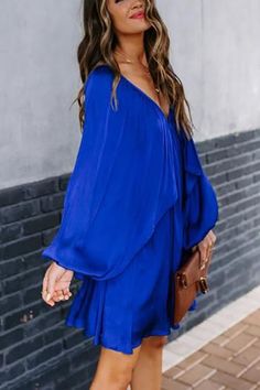 Deep V-neck Batwing Sleeve Ruffle Loose Dress