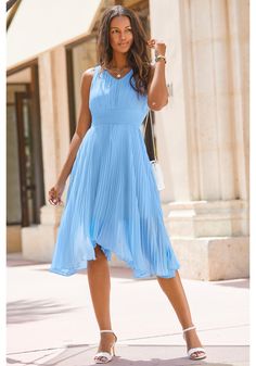 Blue Pleated V-Neck Dress F01175 | LASCANA Chic Pleated Light Blue Dress, Chic Light Blue Pleated Dress, Light Blue Pleated Dresses For Spring, Light Blue Pleated V-neck Dress, Elegant Flowy Light Blue Midi Dress, Elegant Light Blue Flowy Midi Dress, Flirty Blue V-neck Midi Dress, Feminine Blue Midi Dress For Date Night, Chic Flowy Blue Midi Dress