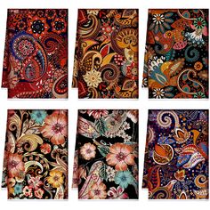 four pictures of different colored paisley designs on black paper, each with an intricate design