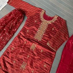 3pc Suit Size :44 Kamij Pit To Pit:22” Waist:20” Bust:23” Sleeve:18” Length:45” Pants Length:40” Fabric: Organza , Cotton Blend Jori , Stone And Embroidery Work All Over The Dress . Brand New Never Been Used Red Silk Churidar For Transitional Season, Transitional Red Silk Churidar, Transitional Red Sharara With Dabka Details, Festive Red Silk Churidar, Red Set With Resham Embroidery And Straight Kurta, Transitional Season Red Raw Silk Sets, Red Chinon Salwar Kameez For Transitional Season, Red Silk Salwar Kameez With Dabka Work, Semi-stitched Silk Sets With Dabka Detailing