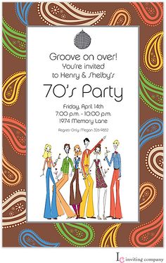 an image of a party flyer with people in the background and text that reads grove on over you're involved to having a fabulous 70's birthday