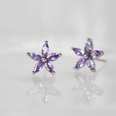 purple flower silver stud earrings Flower Shaped Cubic Zirconia Jewelry With Gemstone, Flower-shaped Cubic Zirconia Earrings, Fine Jewelry Flower Shaped Cubic Zirconia Jewelry, Fine Jewelry Flower-shaped Cubic Zirconia Jewelry, Sparkling Cubic Zirconia Crystal Earrings As Gift, Fine Jewelry Cubic Zirconia Flower Jewelry, Flower Shaped Cubic Zirconia Earrings With Sparkling Stones, Dazzling Cubic Zirconia Flower Shaped Earrings, Elegant Lavender Flower Earrings For Gift