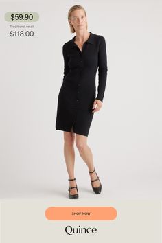 The coziness of a sweater meets the polish of a shirtdress in our Eco-Knit Button-Up Sweater Dress. With its sealed button-up design and fine-ribbed texture, this streamlined style is cut to flatter without gaping between buttons. In a stretchy blend featuring sustainably sourced fibers, the soft knit fabric hugs your curves in all the right places.  | Quince | Women's Eco-Knit Button-Up Sweater Dress in Black, Size XL, Viscose Elegant Ribbed Button-up Cardigan, Classic Long Sleeve Sweater Dress For Fall, Long Sleeve Ribbed Sweater Dress For Work, Classic Fitted Sweater Dress, Classic Fitted Long Sleeve Sweater Dress, Casual Ribbed Sweater Dress For Work, Elegant Sweater Dress With Button Closure For Fall, Elegant Knee-length Sweater Dress With Buttons, Classic Sweater Dress For Work In Fall