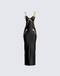 Talk about ELEGANCE 💋 We out here on a whole new level no one could ever reach in this number dripped with real heavyweight metal chain detailing ⭐️ Black With Gold Dress, Chain Detail Dress, Chain Back Dress, Black Dress With Gold Accents, Black Dress With Chains, Chain Dress Outfit, Desings Clothes Aesthetic, Black And Gold Aesthetic Fashion, Black Dress With Gold Jewelry