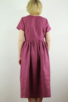 "Spring dress, Write the selected color in the message Linen women dress, summer dress. Handmade fuchsia linen dress with short or 1/2 long sleeves and 2 pockets , perfect for casual wear and suitable for any occasion in any season Details: - 100% natural linen produced in Europe ; - medium weight (180 gram per square meter); - color: fuchsia, could be any from our colors catalog (color samples at the photo); Made to order, approximately a few days, If you have any questions please message me an Elegant Short Sleeve Linen Dress With Relaxed Fit, Elegant Relaxed Fit Short Sleeve Linen Dress, Spring Linen Sundress With Short Sleeves, V-neck Linen Dress With Pockets, Relaxed Fit Sundress With Short Sleeves, Relaxed Fit Short Sleeve Sundress, Linen Day Dresses With Pockets, Linen Dresses With Pockets For Daywear, Summer Cotton Dresses With French Seams