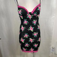 Victoria Secrete Pink Dress Pink And Black Adjustable Straps Crosses In Back New With Tags // Dead Stock Size Extra Small Has Stretch #Pink #Summerdress #Datenight #2000s #Y2k Pink Stretch Mini Dress With Lining, Pink Floral Print Bodycon Mini Dress, Summer Pink Mini Dress With Rose Print, Stretch Pink Mini Sundress, Pink Stretch Sundress, Stretch Pink Sundress Mini Dress, Pink Bodycon Mini Dress For Beach, Pink Bodycon Mini Dress For The Beach, Stretch Pink Sundress