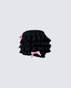 Ruffles are a pretty babe's best friend 🎀 Show off your carefree, playful self in these black ruffle shorts. Made from 100% cotton, and complete with a two-tone design, satin bow detailing, eyelet lace ruffle trim, and an elastic waistband, and leg opening 🖤 Black Cotton Bottoms With Lace Trim, Black Bottoms With Ruffle Hem For Party, Black Party Bottoms With Ruffle Hem, Black Cotton Party Bottoms, Cute Ruffled Short Bloomers, Black Lace Trim Shorts For Summer, Flirty Black Ruffled Bottoms, Black Ruffled Skirt Shorts For Summer, Summer Black Ruffled Skirt Shorts