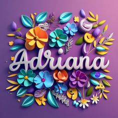 the word adrena surrounded by colorful flowers and leaves on a purple background,