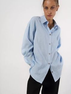 Linen shirt styled with voluminous long sleeves. Cut for a straight oversized fit and detailed with a shirt collar. About the garment: - Straight oversized silhouette - Shirt collar - Voluminous sleeves with gathers at the cuff with buttons - Dropped shoulders, back yoke with gatherings - Front buttoning - 100% midweight linen - Available in XXS-XXL - Choose any color from our palette that suits you *Please note that actual colors may vary slightly because every computer monitor has a different Effortless Long Sleeve Everyday Shirt, Effortless Long Sleeve Shirt For Everyday, Chic Long Sleeve Relaxed Fit Shirt, Chic Long Sleeve Shirt With Relaxed Fit, Chic Long Sleeve Relaxed Shirt, Effortless Long Sleeve Shirt For Daywear, Oversized Button-up Shirt, Elegant Oversized Blue Shirt, Effortless Long Sleeve Blouse For Daywear