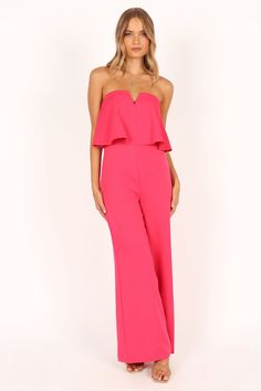 DETAILS
 Ready to be the life of the party! This strapless jumpsuit is sure to turn heads. The full-length design and V detail bodice make it an oh-so chic choice. Plus, the peplum detail at the bust adds a feminine touch.

strapless style jumpsuit
full length

v detail bodice
peplum detail
back cutout design and elastic detail with hook and eye clasp
back invisible zip
wide leg pant
partially lined

material - 97% polyester / 3% spandex
lining - 100% polyester









SIZING

model is 5' 8" an Glamorous Spring Evening Strapless Jumpsuit, Glamorous Strapless Jumpsuit For Spring Evening, Fitted Strapless Jumpsuit For Summer Gala, Spring Strapless Jumpsuit For Night Out, Fitted Strapless Jumpsuit For Spring Cocktail, Chic Strapless Jumpsuit For Night Out, Strapless Jumpsuit For Spring Evening, Spring Strapless Jumpsuit For Evening, Chic Strapless Jumpsuit For Party