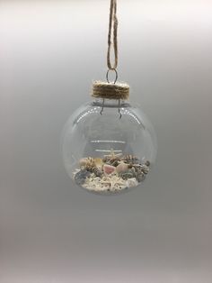 a glass ornament filled with sand and shells