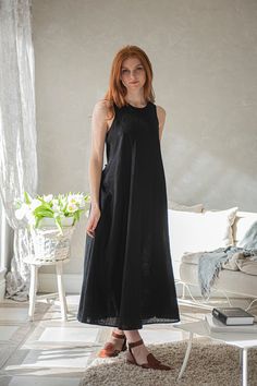 "Black Maxi Dress, Linen Summer Dress, Sleeveless Linen Dress ♠ Designed entirely in natural linen, this maxi length sleeveless summer dress is a seasonal essential. A minimalist piece that has a classic, slightly A-lined airy cut that complements all the body shapes. Featuring round neck, wide straps, comfy side pockets and a tie knot closure at the back. Style with casual flats for a comfy and breezy daily look or add a pair of heeled sandals for an effortless and alluring evening ensemble. ♠ Loose Maxi Dress Summer, Plus Size Linen Dress, Maxi Dress Linen, Linen Kaftan, Linen Summer Dress, Plus Size Linen, Linen Dress Summer, Sleeveless Linen Dress, Black Linen Dress