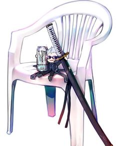 a white plastic chair with writing utensils sitting on it's back legs