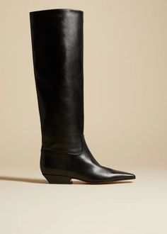 The Marfa Knee-High Boot in Black Leather– KHAITE Luxury Fitted Square Toe Knee-high Boots, Luxury Fitted Knee-high Boots With Square Toe, Luxury Knee-high Boots With Square Toe And Reinforced Heel, Luxury Knee-high Boots With Reinforced Heel And Square Toe, Luxury Knee-high Boots With Sculpted Heel And Square Toe, Luxury Calf Leather Knee-high Boots With Square Toe, Classic Boots With Sculpted Low Heel, Fitted Calf Leather Heeled Boots With Square Toe, Luxury Knee-high Boots With Square Toe For Fall