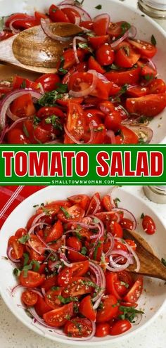 tomato salad with onions and herbs in a white bowl