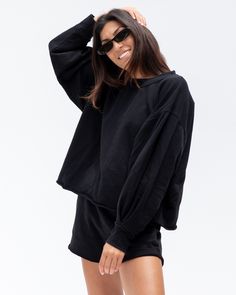 For sport, court and airport— naturally breathable, preshrunk, cozy. This full length sleeve and oversized crew neck makes you look put together but feel like you’re at home, you won’t know how you lived without it. Oversized Sporty Tops For Lounging, Black Top For Lounging In Fall, Oversized Activewear For Lounging In Fall, Sporty Sweater With Ribbed Cuffs For Lounging, Sporty Lounging Sweater With Ribbed Cuffs, Oversized Casual Activewear For Lounging, Casual Loose Fit Activewear For Lounging, Fall Crew Neck Activewear For Lounging, Fall Activewear Crew Neck For Lounging