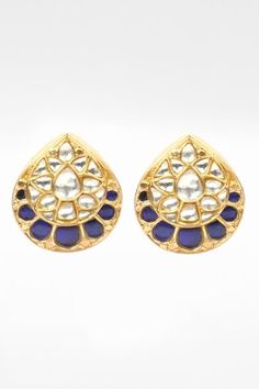 Gold tone silver drop stud earrings studded with kundan and blue stone work.
Type: Kundan Embellished,Stone Work
Composition: Silver
Color: Gold
Other Details: 
Length (in inches): 1
Weight (in gms): 26
Closure: Push back
Disclaimer: The jewellery is handcrafted therefore variations may occur - Aza Fashions Blue Earrings With Cutdana For Diwali, Blue Stone Work Temple Jewelry Earrings, Festive Fusion Earrings With Mirror Work, Elegant Earrings With Mirror Work For Reception, Elegant Mirror Work Earrings For Reception, Blue Traditional Earrings For Reception, Traditional Blue Earrings For Reception, Elegant Blue Cutdana Earrings, Stud Earrings Gold