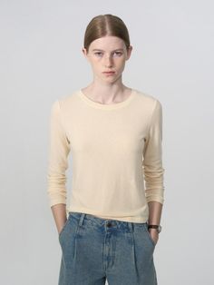 This is a minimal and modern top by DEPOUND that is made out of high quality and sturdy material. With distinctive mood of the design and comfortable wear, you can style it for your casual daily outfit.- Embroidery detail on neckline and center back- Logo embroidery point on lower front- Soft touch of wool blend fabric Beige Long Sleeve T-shirt For Everyday, Classic Crew Neck Long Sleeve Top For Spring, Cream Fine Knit Cotton Top, Cream Fine Knit Tops For Work, Cream Fine Knit Tops For Layering, Crew Neck Fine Knit Long Sleeve Top For Work, Workwear Fine Knit Long Sleeve Crew Neck Top, Relaxed Fit Fine Knit Cream Tops, Modern Long Sleeve Sweater For Spring