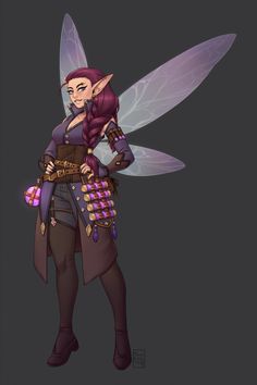 a woman dressed as a fairy with purple hair and wings, standing in front of a dark