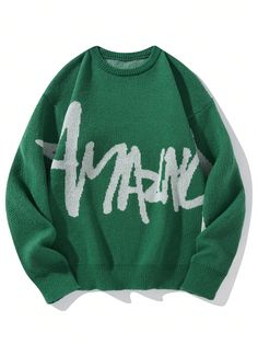 Men's Monogram Crew Neck Sweater Green Casual  Long Sleeve Fabric Letter Pullovers Slight Stretch  Men Clothing, size features are:Bust: ,Length: ,Sleeve Length: Rasta Style, Letter Sweater, Class G, Mens Monogram, Varsity Sweater, Graphic Sweaters, Half Life, Jeans Cargo, The Afterlife