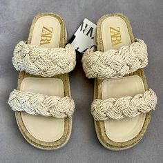 New With Tag. Zara Braided Double Straps Sandals. Thick Espadrille Sole. Size 36. Some Minor Dark Spots From Being On Displayed. Beige Synthetic Espadrilles With Woven Sole, Cream Round Toe Straw Espadrilles, Cream Straw Espadrilles With Round Toe, Beige Sandals With Braided Straps For Beach, Beige Braided Strap Sandals For Beach, Beige Platform Espadrilles For Vacation, Cream Summer Sandals For Beach Season, Beige Summer Heels For Vacation, Beige Platform Sandals With Espadrille Material