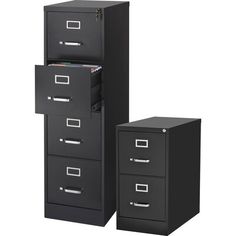 three black filing cabinets with drawers on each side and one open file cabinet in the middle