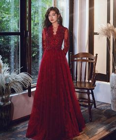 Prom Dress Burgundy, Lace Long Prom Dress, Y2k Aesthetic Fashion, 60's Dress, Designer Evening Dresses, Long Sleeve Evening Dresses, Burgundy Lace, Custom Size Dresses, Fairytale Dress